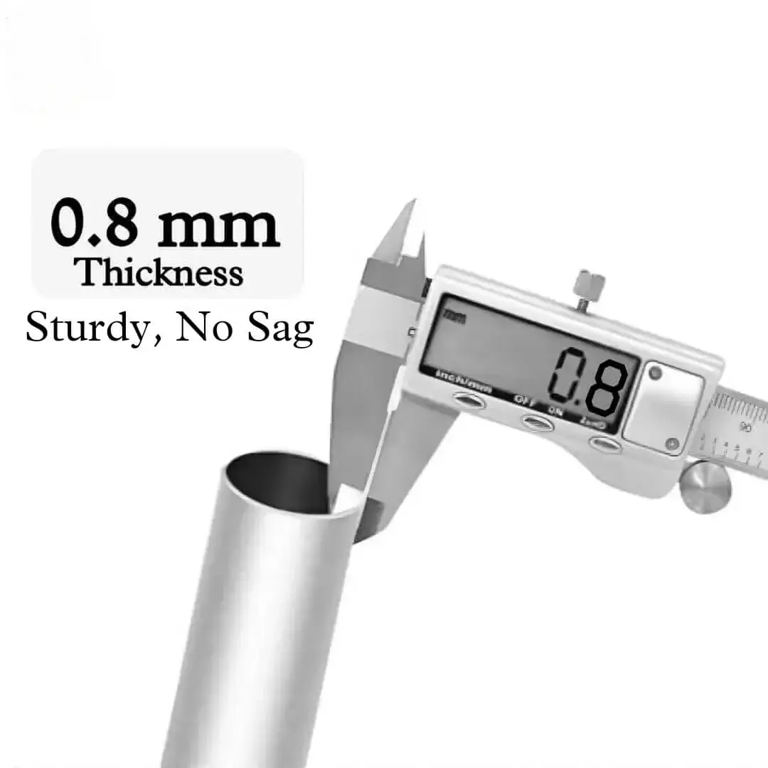 Close-up of curtain rod pole with highlighted text: '0.8mm thickness, sturdy and no sag' - showcasing durable construction for long-lasting performance