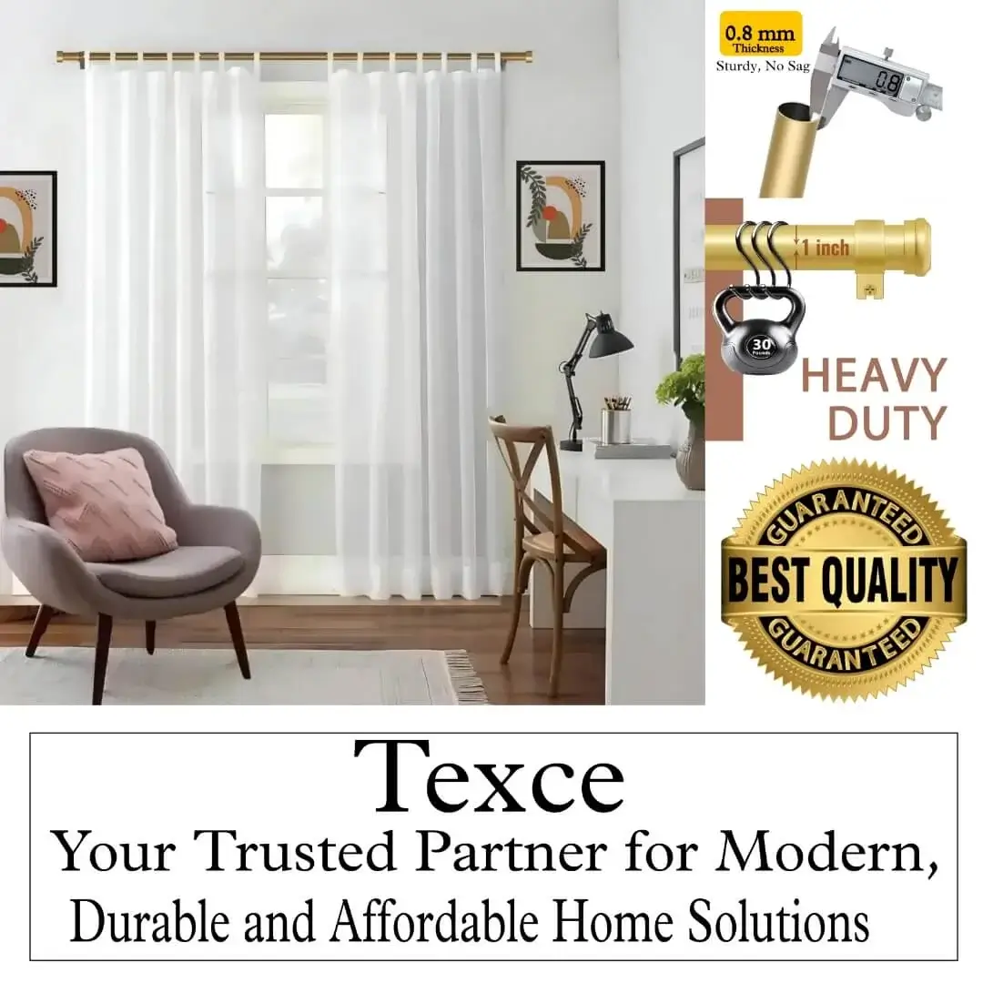 best curtain rods for living room, Elegant white sheer curtains hanging on a gold curtain rod. Overlay text highlights: ‘Premium quality guaranteed—Texce, your trusted partner for modern, durable, and affordable home décor solutions