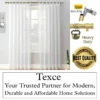 best curtain rods for living room Elegant white sheer curtains hanging on a gold curtain rod with end cap finials. Overlay text highlights: ‘best quality guaranteed—Texce, your trusted partner for modern, durable, and affordable home décor solutions