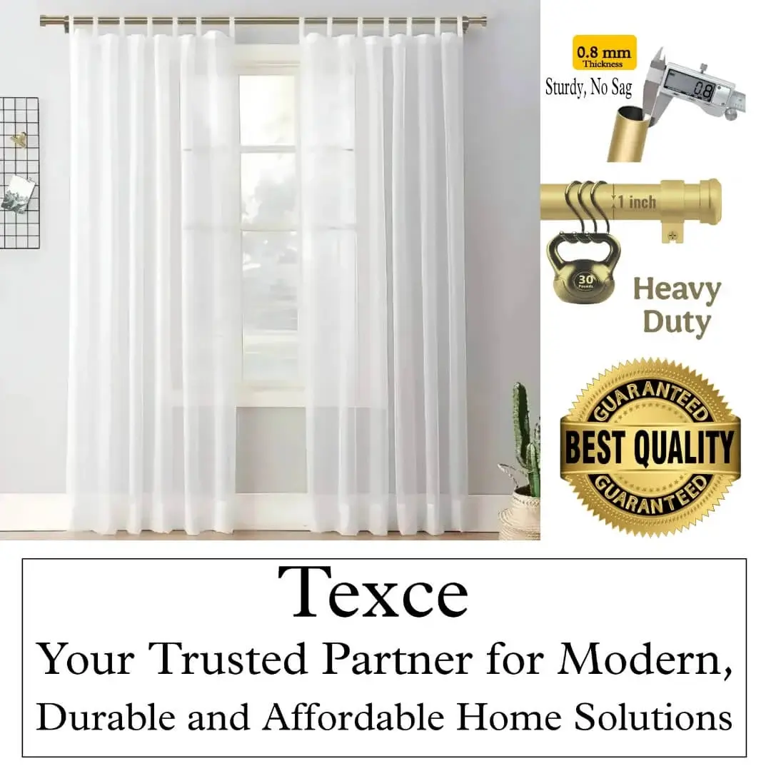 Elegant white sheer curtains hanging on a gold curtain rod with end cap finials. Overlay text highlights: ‘best quality guaranteed—Texce, your trusted partner for modern, durable, and affordable home décor solutions