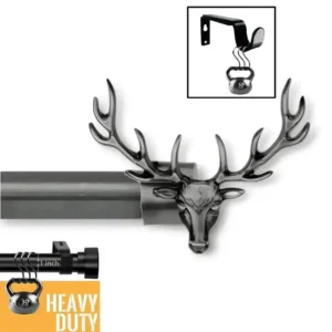 Three-panel product showcase: (1) Main image of a sleek black curtain rod with deer shaped finial, (2) Close-up of the rod holding 25 lbs weight (no bending), and (3) Black bracket supporting 30 lbs—demonstrating heavy-duty, no-sag construction for long-lasting performance