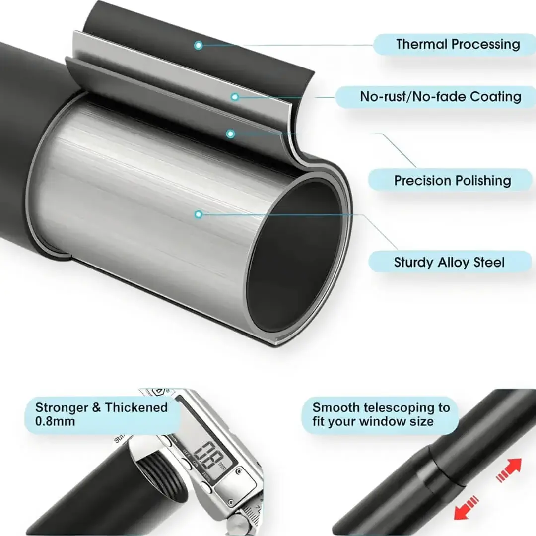 Close-up of curtain rod pole with highlighted text: 'Anti-rust coating, 0.8mm thickness, 1-inch diameter' - showcasing durable construction for long-lasting performance