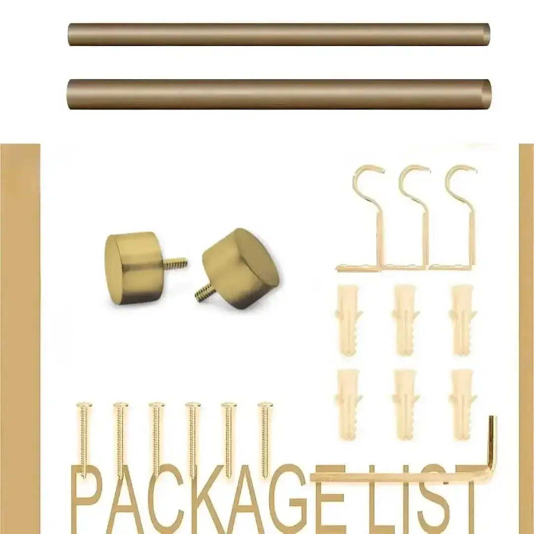 Complete curtain rod set displayed with package contents: 2 end cap finials, 3 heavy-duty brackets, 1 rod, wall anchors, and screws. Text overlay highlights 'Package List'—everything needed for professional installation