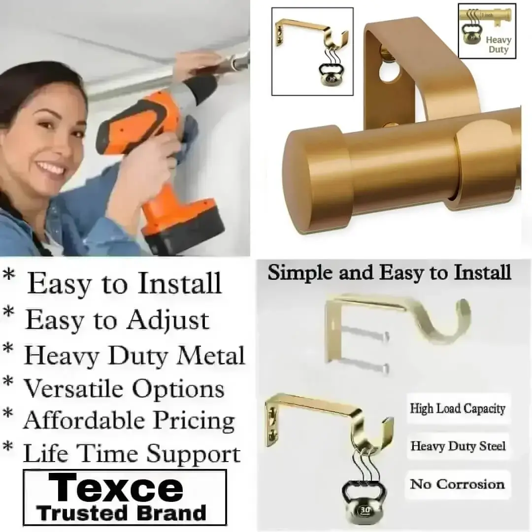 Three-panel showcase: (1) DIY girl installing a curtain rod with a drill, (2) elegant gold curtain rod with end cap, and (3) close-up of heavy-duty steel brackets. Overlay text highlights: ‘Easy to install, corrosion-proof steel, versatile styles, affordable pricing, lifetime support, and Texce—a trusted brand