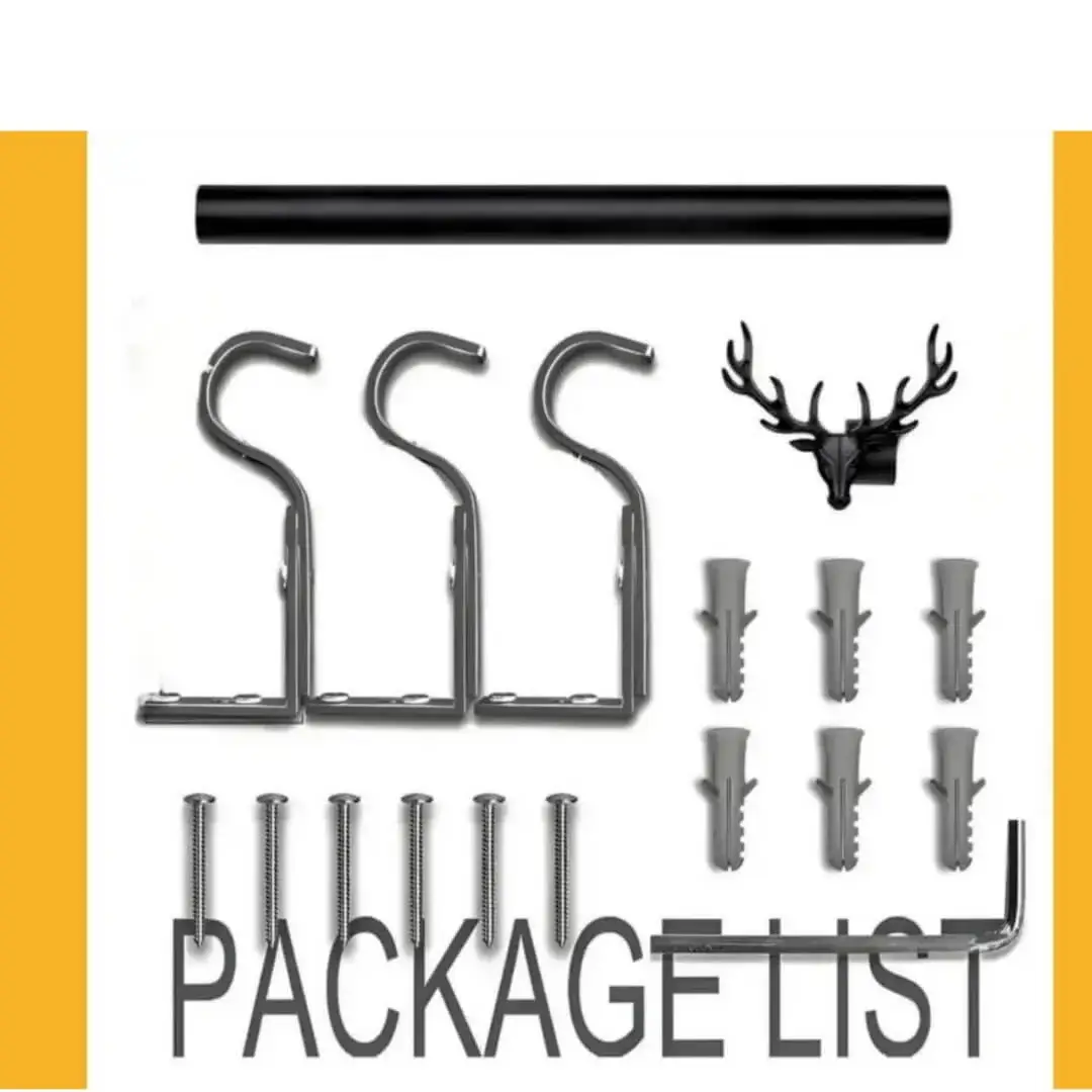 curtain rod full set, Complete curtain rods kit displayed with package contents: 2 decorative deer finials, 3 heavy-duty brackets, 2 adjustable rods, wall anchors, and screws. Text overlay highlights 'Package List'—everything needed for professional installation