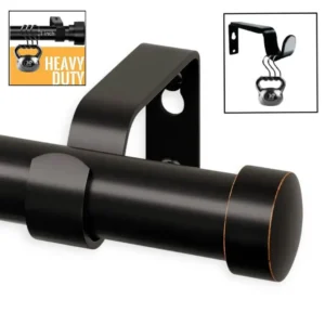 Three-panel product showcase: (1) Main image of a sleek black curtain rod, (2) Close-up of the rod holding 25 lbs weight (no bending), and (3) Black bracket supporting 30 lbs—demonstrating heavy-duty, no-sag construction for long-lasting performance