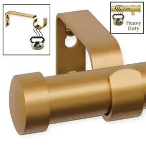 Three-panel product showcase: (1) Gold curtain rod with sleek end cap (elegant close-up), (2) Rod supporting heavy weights without bending, and (3) Bracket stress-tested at max load—proving luxury design meets industrial strength for long-term durability