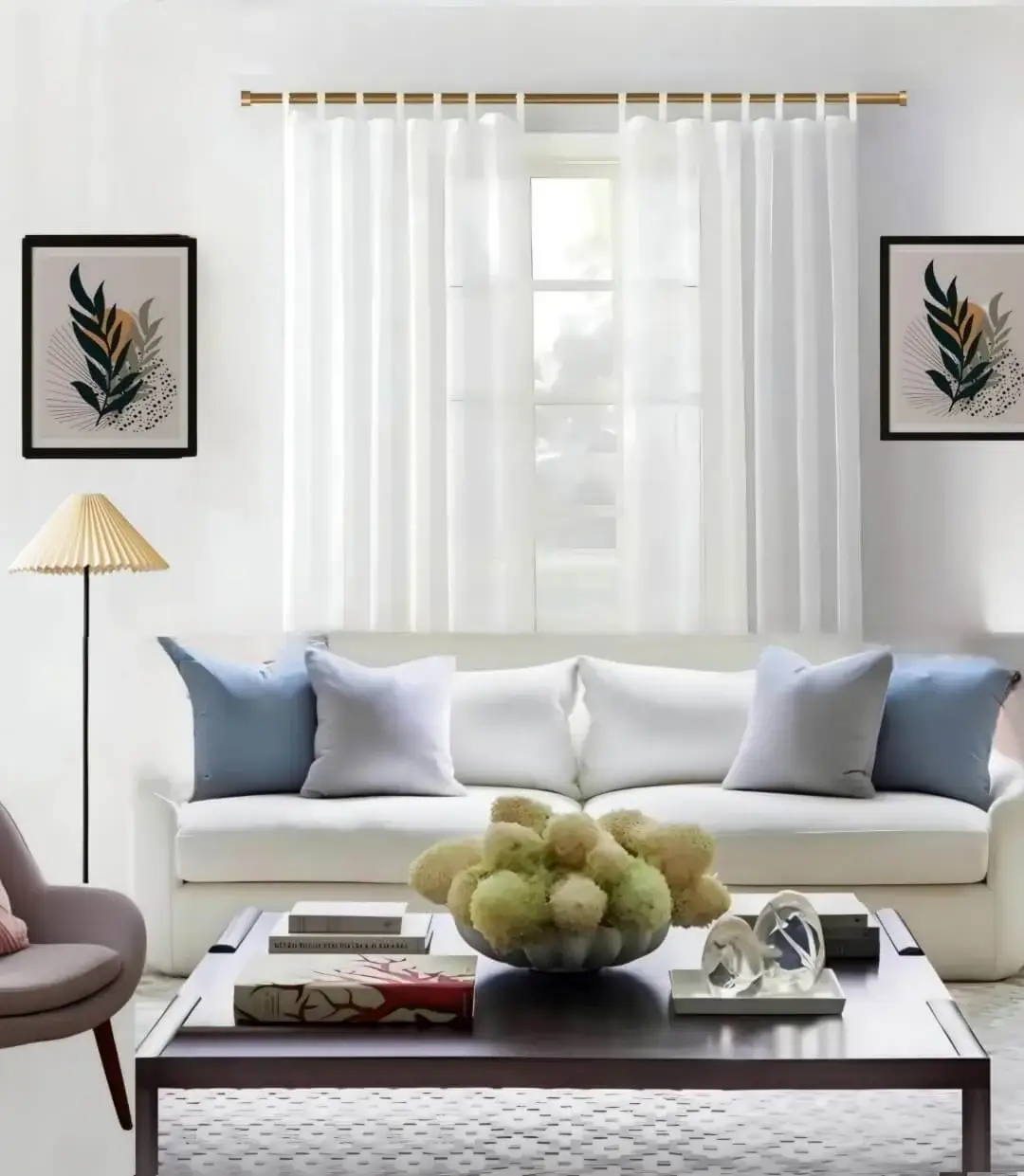 long curtain rods for living room, Stylish living room with flowing curtains on a 12 feet long gold curtain rod, paired with a cozy sofa set, vibrant cushions, and wall paintings—creating a chic, inviting ambiance. Text highlight:12 feet curtain rod