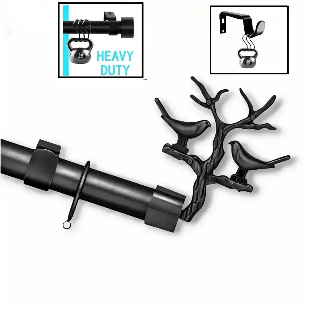 Three-panel product showcase: (1) Main image of a sleek black curtain rod with bird finial, (2) Close-up of the rod holding 25 lbs weight (no bending), and (3) Black bracket supporting 30 lbs—demonstrating heavy-duty, no-sag construction for long-lasting performance