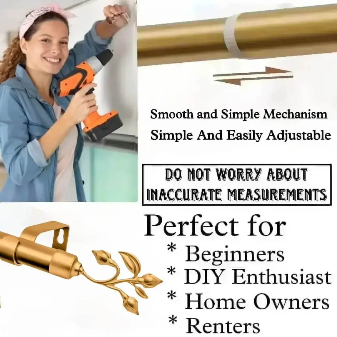 DIY girl installing curtain rods with a drill—text highlights ‘Perfect for beginners, DIY enthusiasts, homeowners and renters!’ Features smooth telescoping rods, and easily adjustable design so you never worry about inaccurate measurements