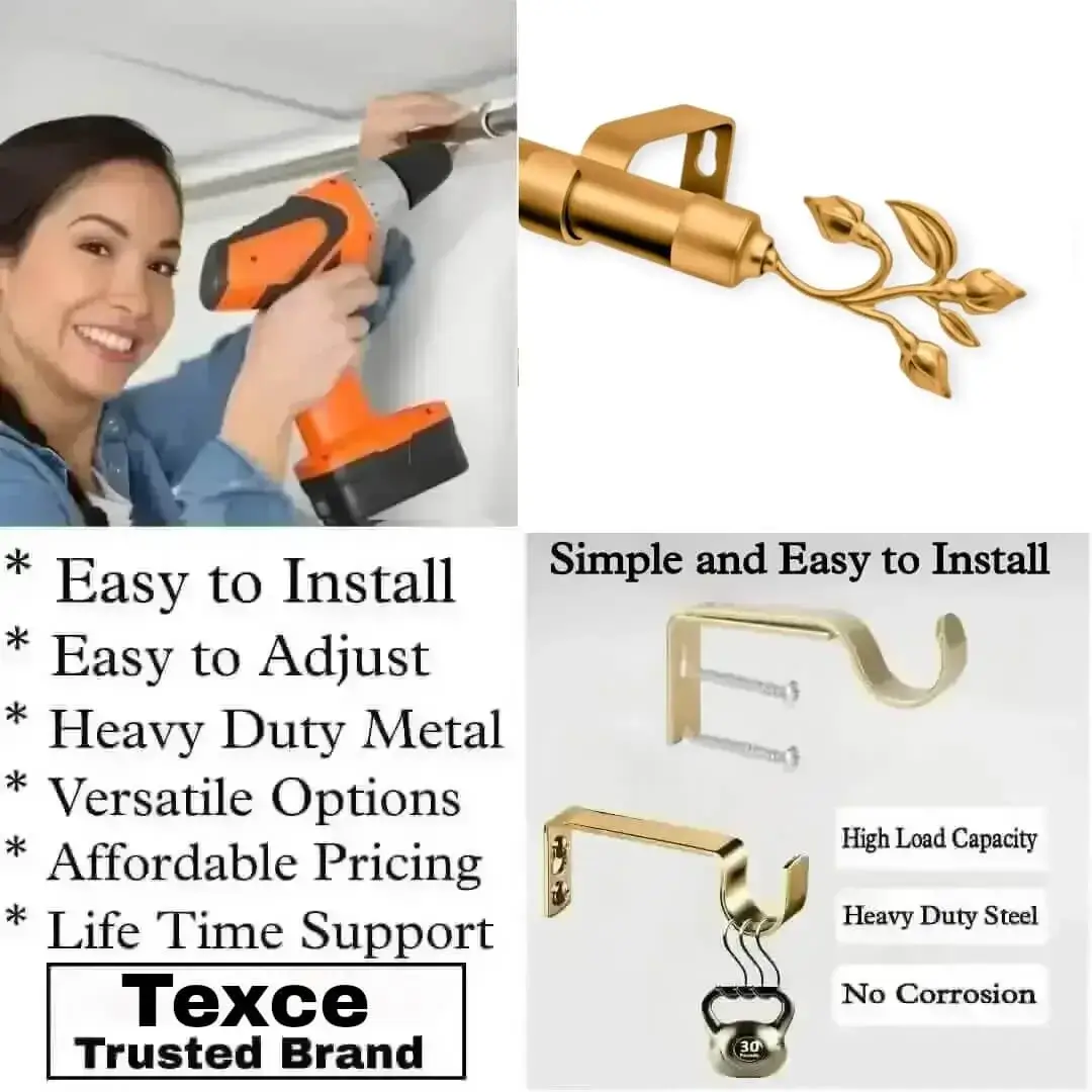 Three-panel showcase: (1) DIY girl installing a curtain rod with a drill, (2) elegant leaf-shaped finial rod design, and (3) close-up of heavy-duty steel brackets. Overlay text highlights: ‘Easy to install, corrosion-proof steel, versatile styles, affordable pricing, lifetime support, and Texce—a trusted brand