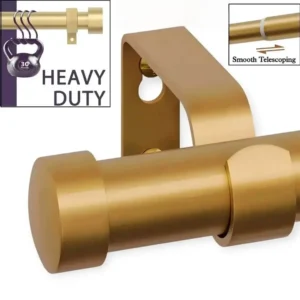 Three images: 1) A sleek gold curtain rod; 2) The rod securely holding heavy-weight curtains, showcasing its heavy-duty strength; 3) Close-up of the rod’s smooth telescoping mechanism, highlighting its adjustable length