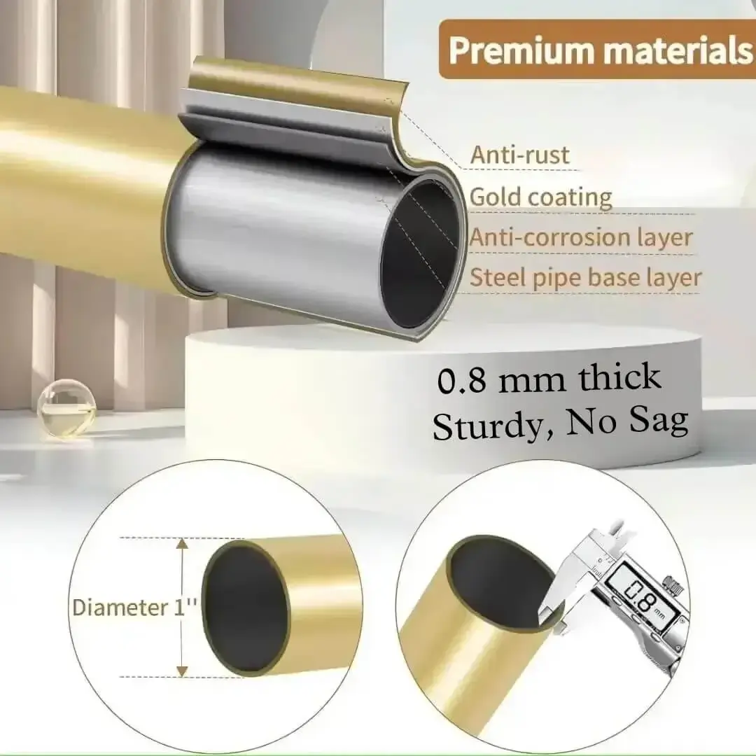 Close-up of curtain rod pole with highlighted text: 'Anti-rust coating, 0.8mm thickness, 1-inch diameter' - showcasing durable construction for long-lasting performance