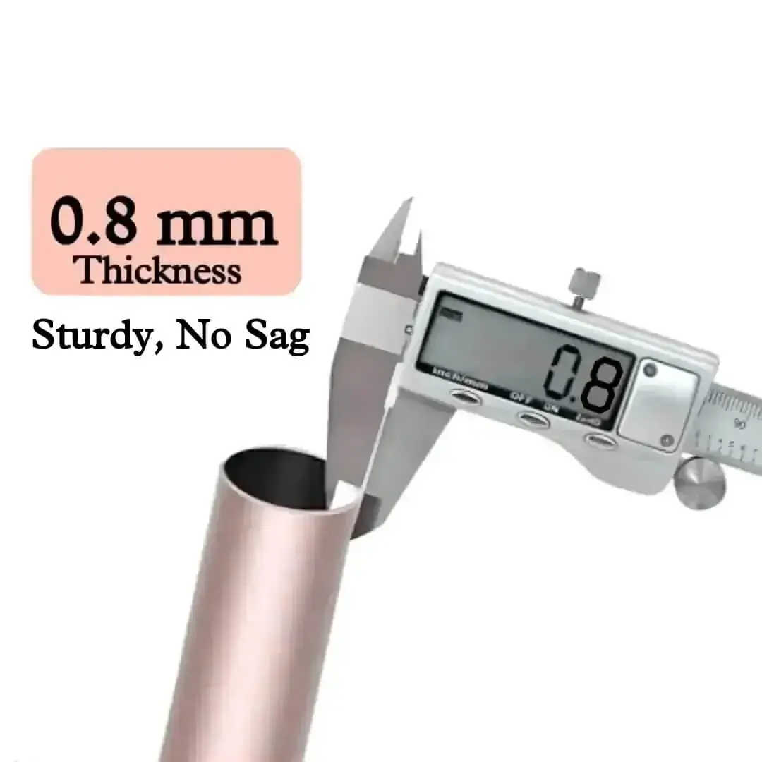Close-up of metal curtain rod pole with highlighted text: '0.8mm thickness, sturdy and nos sag' - showcasing durable construction for long-lasting performance