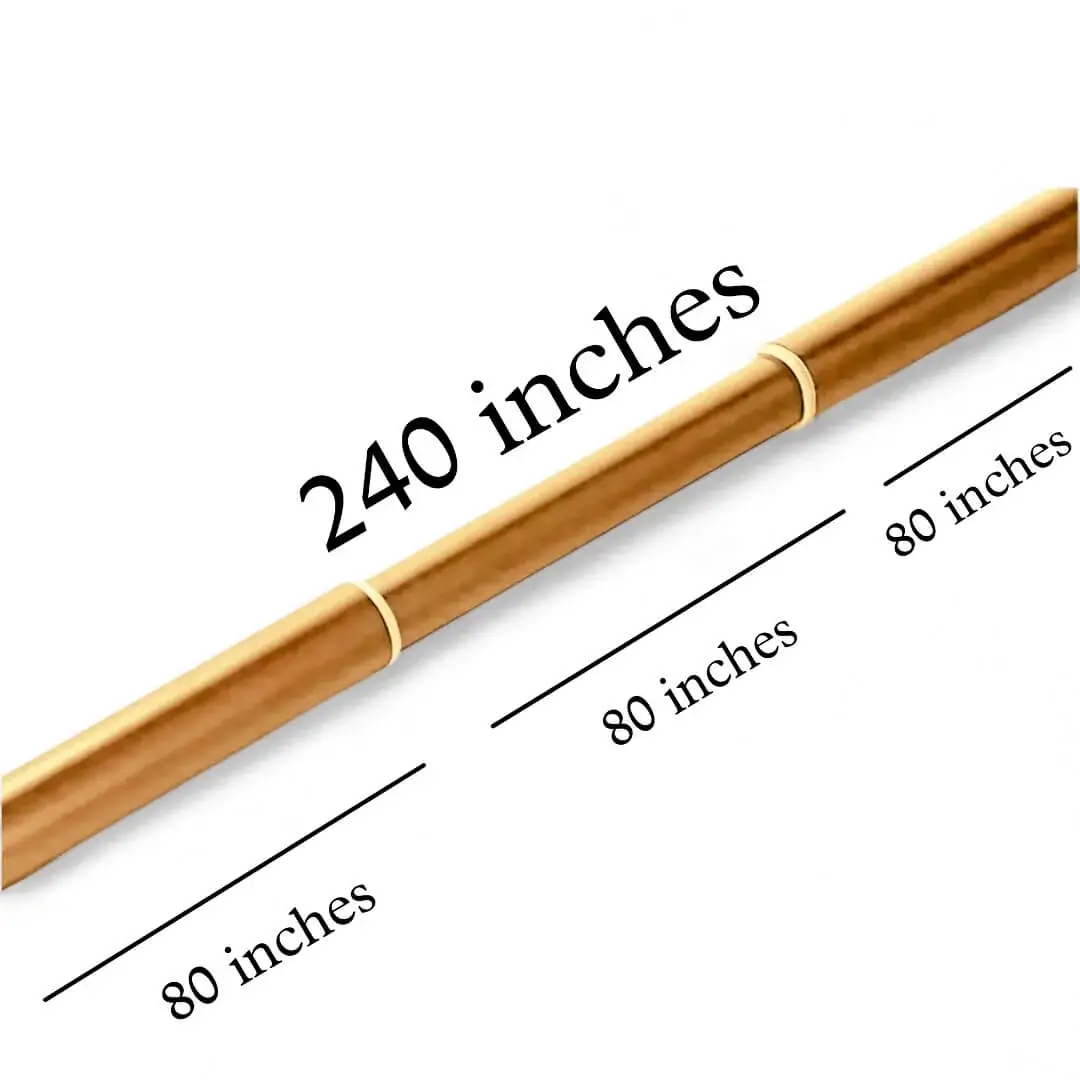 A gold curtain rod, 240 inches long, showcasing its adjustable design. The rod splits into 3 equal parts, each measuring 80 inches, totaling 240 inches when assembled