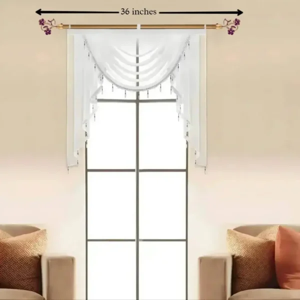 36 inch curtain rod, Elegant sheer curtains hanging from a small 36-inch gold curtain rod, perfectly fitted for a compact apartment window. Ideal for small spaces and cozy interiors