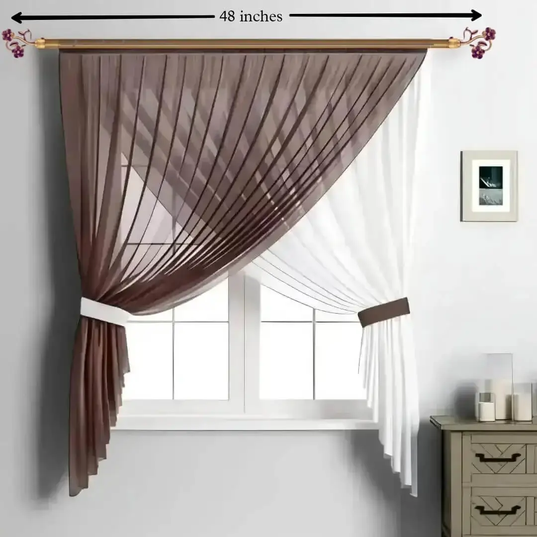 48 inch curtain rod, Elegant sheer curtains hanging from a small 48-inch gold curtain rod, perfectly fitted for a compact apartment window. Ideal for small spaces and cozy interiors