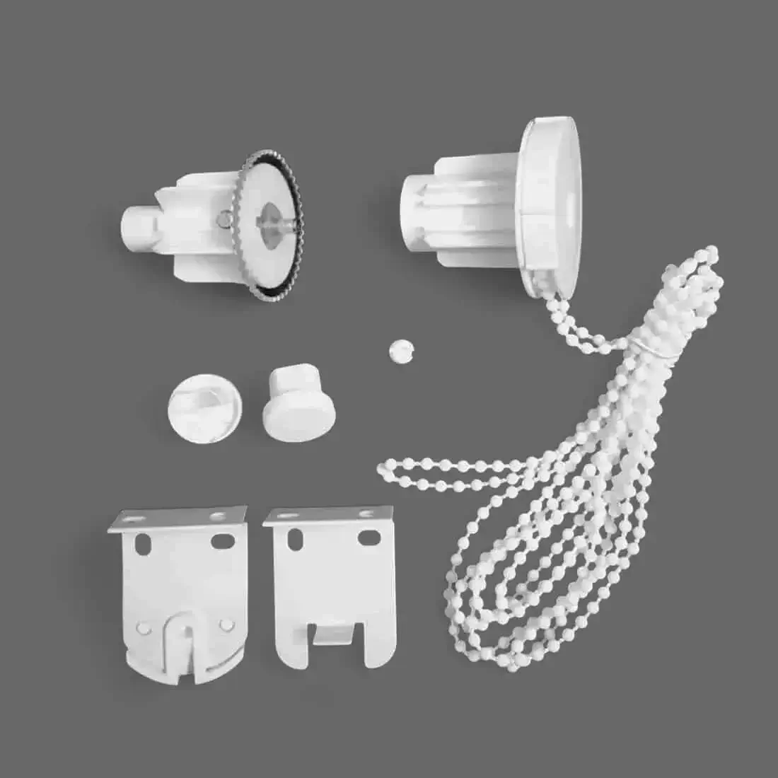 roller blinds accessories, Assortment of roller blind accessories: gears, mounting brackets, pull strings, and end caps—all components needed for smooth operation and installation