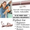 adjustable curtain rails DIY girl installing curtain rods with a drill—text highlights ‘Perfect for beginners, DIY enthusiasts, homeowners and renters!’ Features smooth telescoping rods, and easily adjustable design so you never worry about inaccurate measurements
