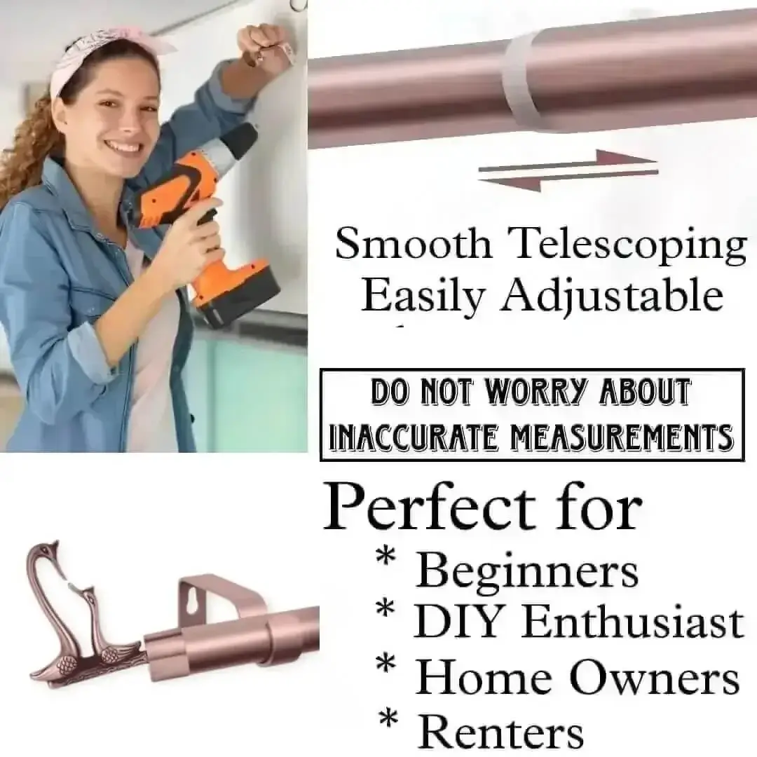 DIY girl installing curtain rods with a drill—text highlights ‘Perfect for beginners, DIY enthusiasts, homeowners and renters!’ Features smooth telescoping rods, and easily adjustable design so you never worry about inaccurate measurements