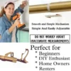 adjustable gold curtain rod adjustable gold curtain rods with brackets, DIY girl installing curtain rods with a drill—text highlights ‘Perfect for beginners, DIY enthusiasts, homeowners and renters!’ Features smooth telescoping rods, and easily adjustable design so you never worry about inaccurate measurements
