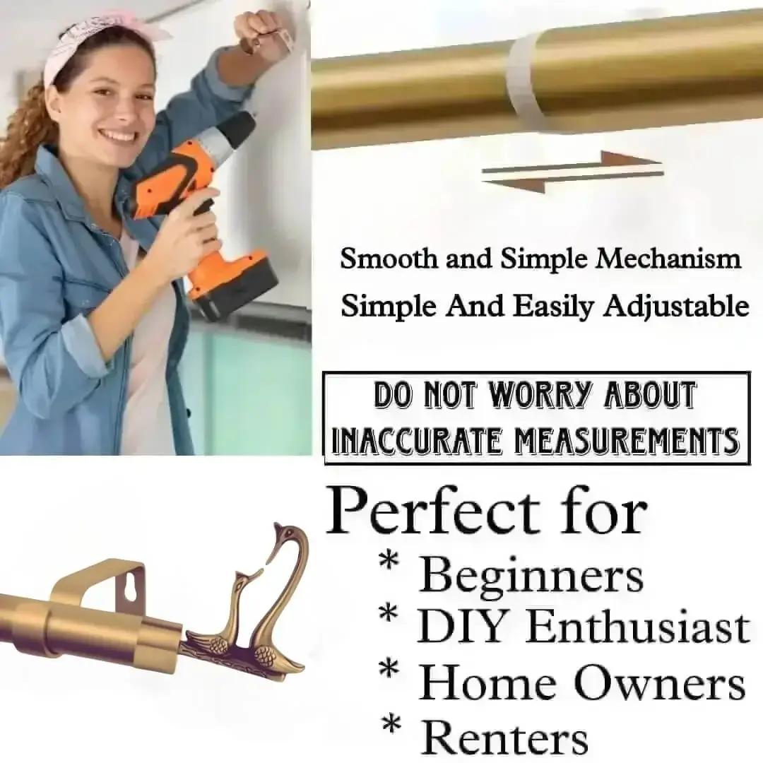adjustable gold curtain rods with brackets, DIY girl installing curtain rods with a drill—text highlights ‘Perfect for beginners, DIY enthusiasts, homeowners and renters!’ Features smooth telescoping rods, and easily adjustable design so you never worry about inaccurate measurements