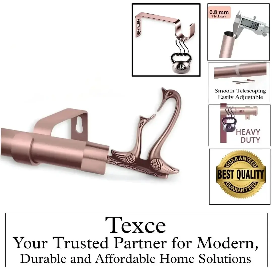best heavy duty adjustable curtain rod set with brackets, Three-panel luxury rose gold curtain rod holding heavy weight showcase: (1) Stress test proving no bend under heavy weights, (2) Close-up of 1-inch diameter sturdy pole (no sag), (3) Text overlay: 'Best quality guaranteed—Texce: modern, durable, affordable home décor.' Combines elegance and industrial strength