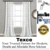 best curtain rod Stylish flowing curtains on a window, hung from a heavy-duty 0.8mm thick curtain rod. Text overlay highlights: 'Best quality guaranteed - Texce, your trusted partner for modern, durable & affordable home solutions