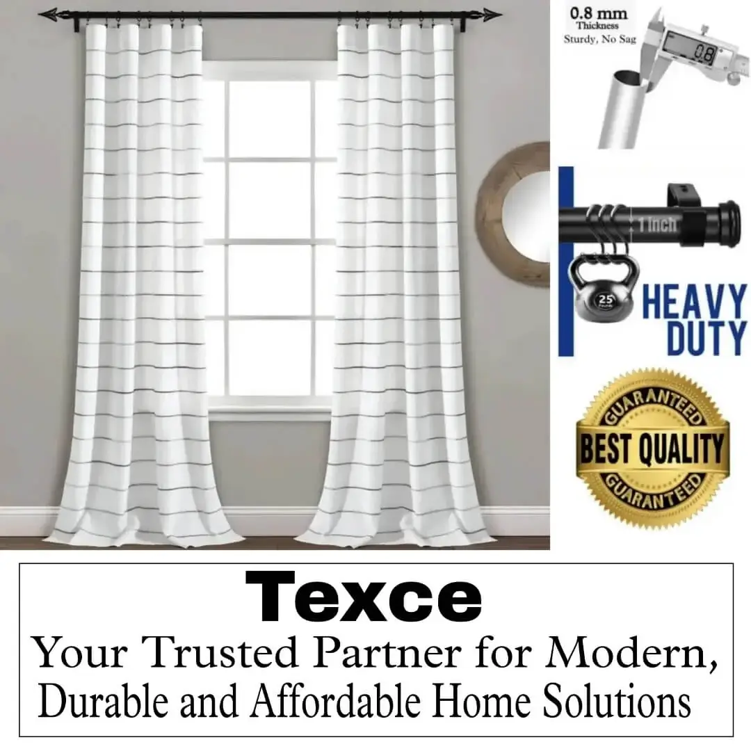Stylish flowing curtains on a window, hung from a heavy-duty 0.8mm thick curtain rod. Text overlay highlights: 'Best quality guaranteed - Texce, your trusted partner for modern, durable & affordable home solutions