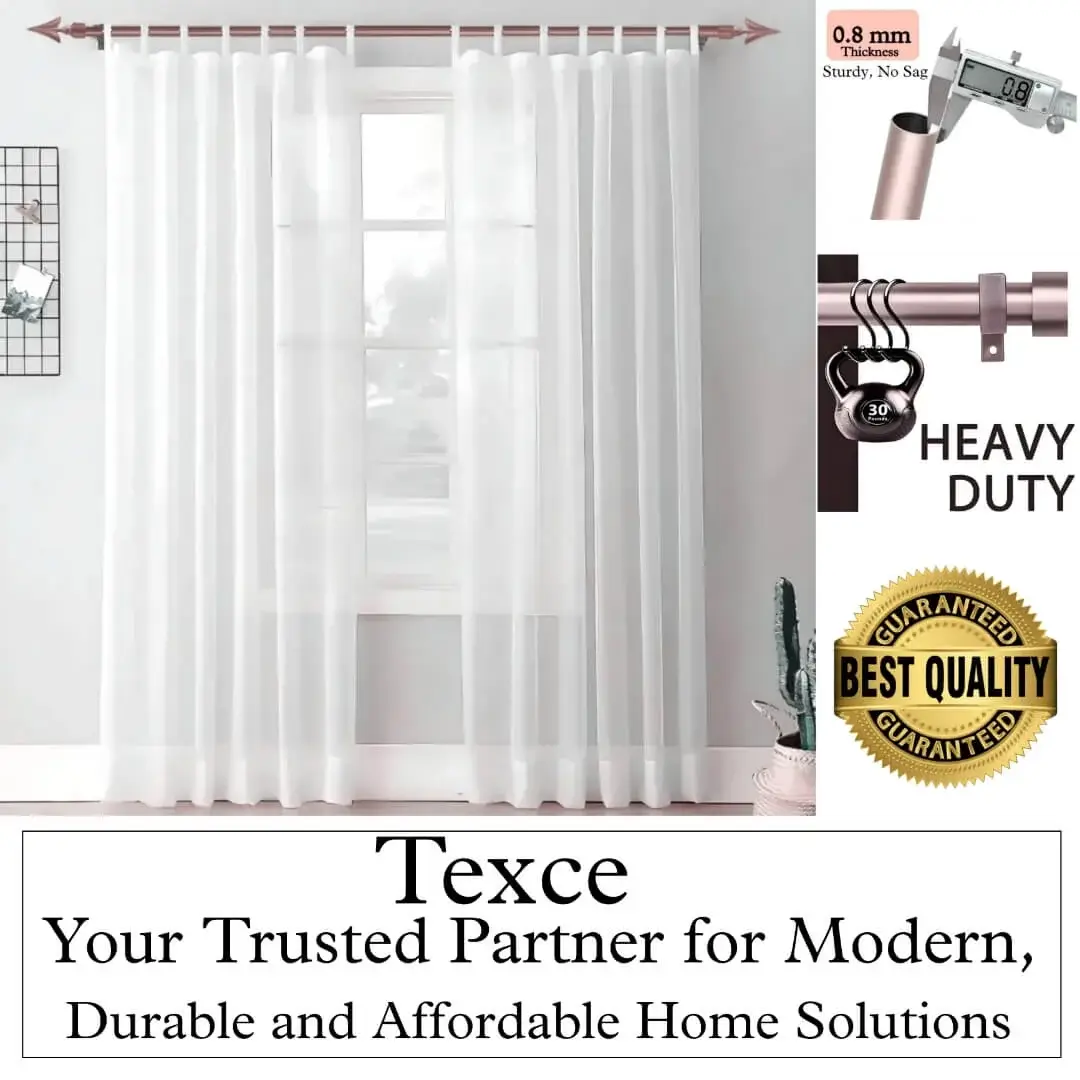 Stylish living room with flowing curtains on a window, hung from a heavy-duty 0.8mm thick curtain rod. Text overlay highlights: 'Best quality guaranteed - Texce, your trusted partner for modern, durable and affordable home decor solutions