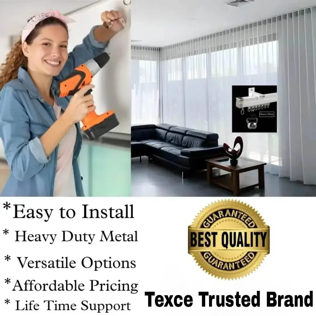 Three-panel showcase: (1) DIY girl installing a curtain track with a drill, (2) elegant curtains hanging on curtain track in a living room creating an inviting ambiance and Overlay text highlights: ‘Easy to install, heavy duty metal, versatile styles, affordable pricing, lifetime support, and Texce—a trusted brand