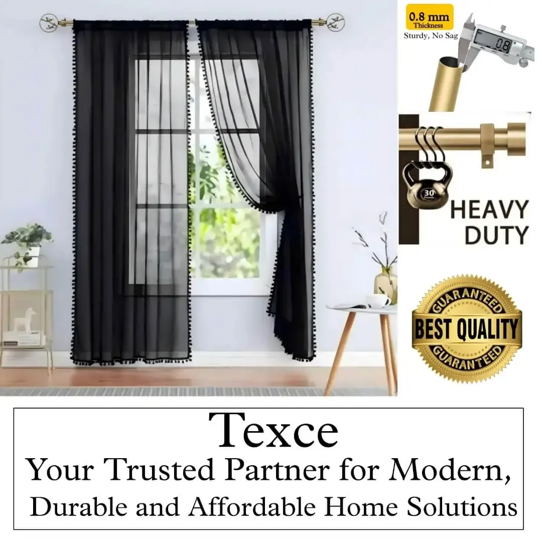 Elegant black sheer curtains hanging on a heavy-duty antique curtain rod with bird motif finials. Overlay text highlights: ‘best quality guaranteed—Texce, your trusted partner for modern, durable, and affordable home décor solutions