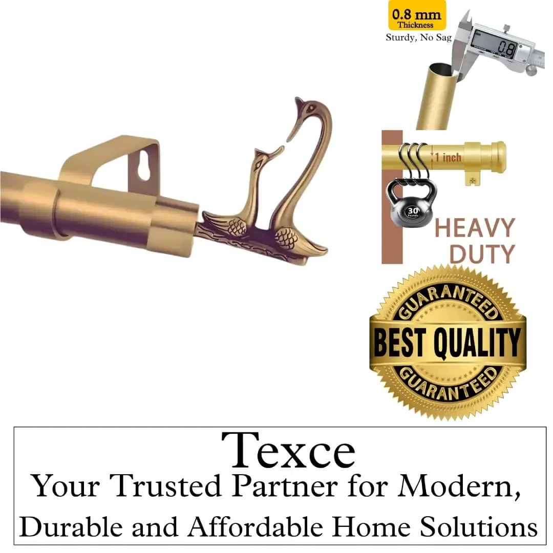 Luxurious gold curtain rod. Overlay text highlights: ‘Premium quality guaranteed—Texce, your trusted partner for modern, durable, and affordable home décor solutions