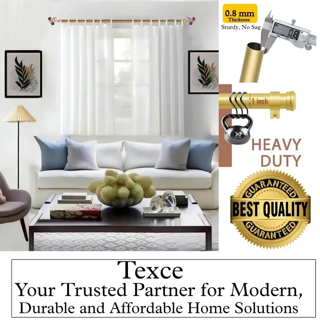 Four-panel luxury curtain rod showcase: (1) Stylish living room with flowing curtains on a curtain rod with sofa and art, (2) Stress test proving no bend under heavy weights, (3) Close-up of 1-inch diameter sturdy pole (no sag), (4) Text overlay: 'Best quality guaranteed—Texce: modern, durable, affordable home décor.' Combines elegance and industrial strength