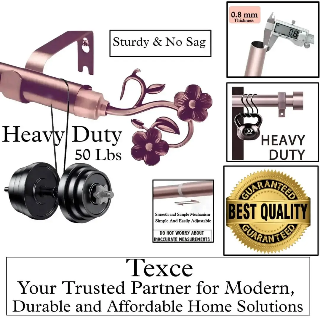 best heavy duty adjustable curtain rod, Four-panel luxury rose gold curtain rod holding heavy weight showcase: (1) Stress test proving no bend under heavy weights, (2) Close-up of 1-inch diameter sturdy pole (no sag), (3) Close-up of smooth telescoping mechanism ('Easily Adjustable'); (4) Text overlay: 'Best quality guaranteed—Texce: modern, durable, affordable home décor.' Combines elegance and industrial strength
