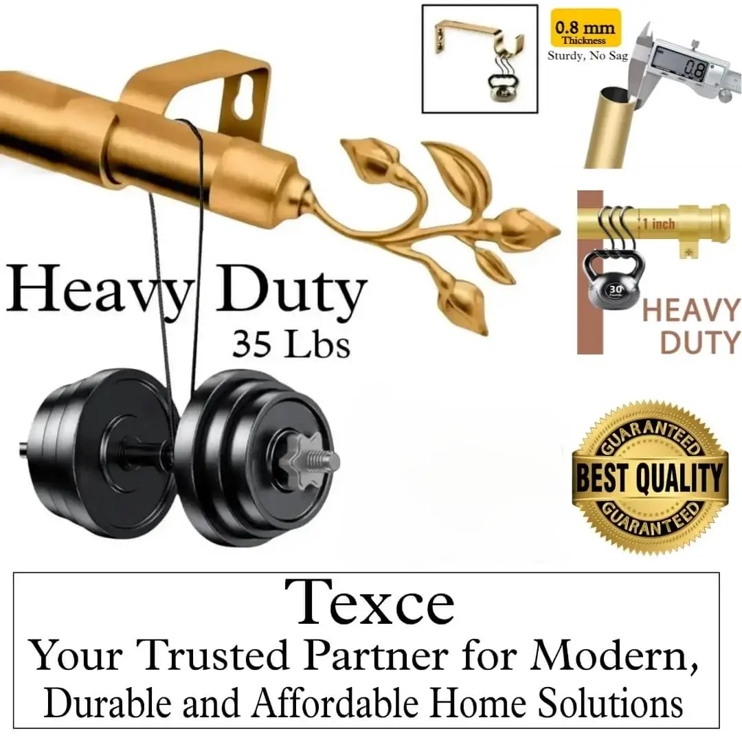Three-panel luxury curtain rod holding heavy weight showcase: (1) Stress test proving no bend under heavy weights, (2) Close-up of 1-inch diameter sturdy pole (no sag), (3) Text overlay: 'Best quality guaranteed—Texce: modern, durable, affordable home décor.' Combines elegance and industrial strength