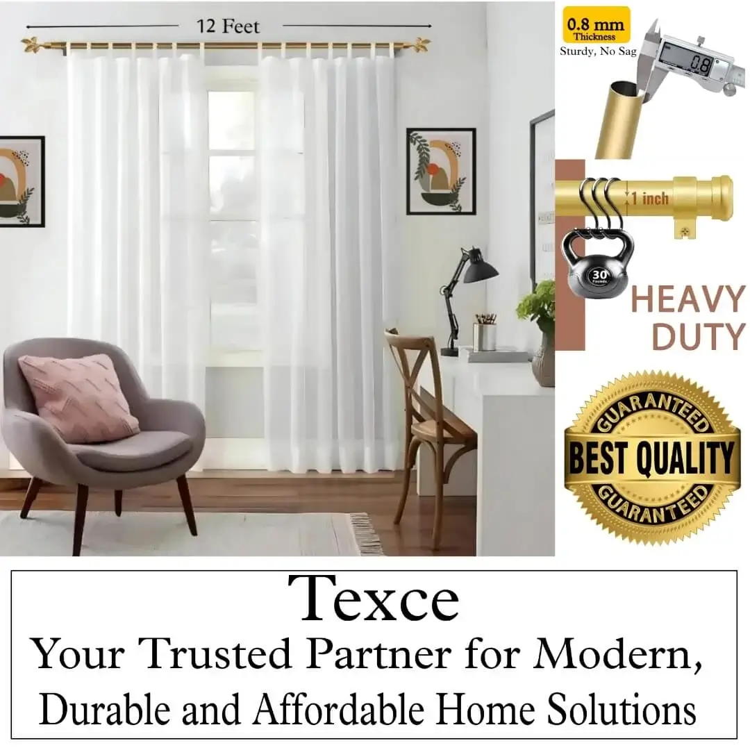 best long curtain rods heavy duty, Four-panel luxury curtain rod showcase: (1) Stylish living room with flowing curtains on a 12 foot curtain rod with sofa and art, (2) Stress test proving no bend under heavy weights, (3) Close-up of 1-inch diameter sturdy pole (no sag), (4) Text overlay: 'Best quality guaranteed—Texce: modern, durable, affordable home décor.' Combines elegance and industrial strength