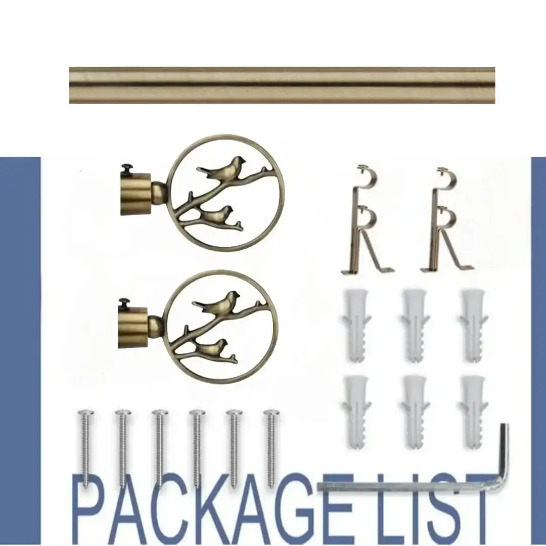 Complete curtain rod set displayed with package contents: 2 decorative finials, 3 heavy-duty brackets, 1 curtain rods, wall anchors, and screws. Text overlay highlights 'Package List'—everything needed for professional installation