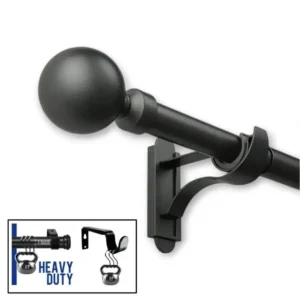 Three-panel product showcase: (1) Main image of a sleek black curtain rod, (2) Close-up of the rod holding 25 lbs weight (no bending), and (3) Black bracket supporting 30 lbs—demonstrating heavy-duty, no-sag construction for long-lasting performance