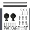 black curtain rod set Complete curtain rod set displayed with package contents: 2 decorative finials, 3 heavy-duty brackets, 2 adjustable rods, wall anchors, and screws. Text overlay highlights 'Package List'—everything needed for professional installation