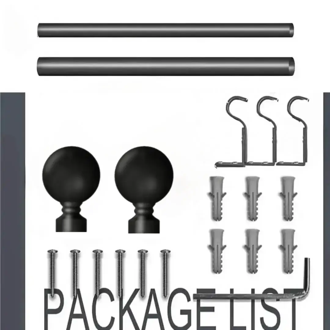 Complete curtain rod set displayed with package contents: 2 decorative finials, 3 heavy-duty brackets, 2 adjustable rods, wall anchors, and screws. Text overlay highlights 'Package List'—everything needed for professional installation