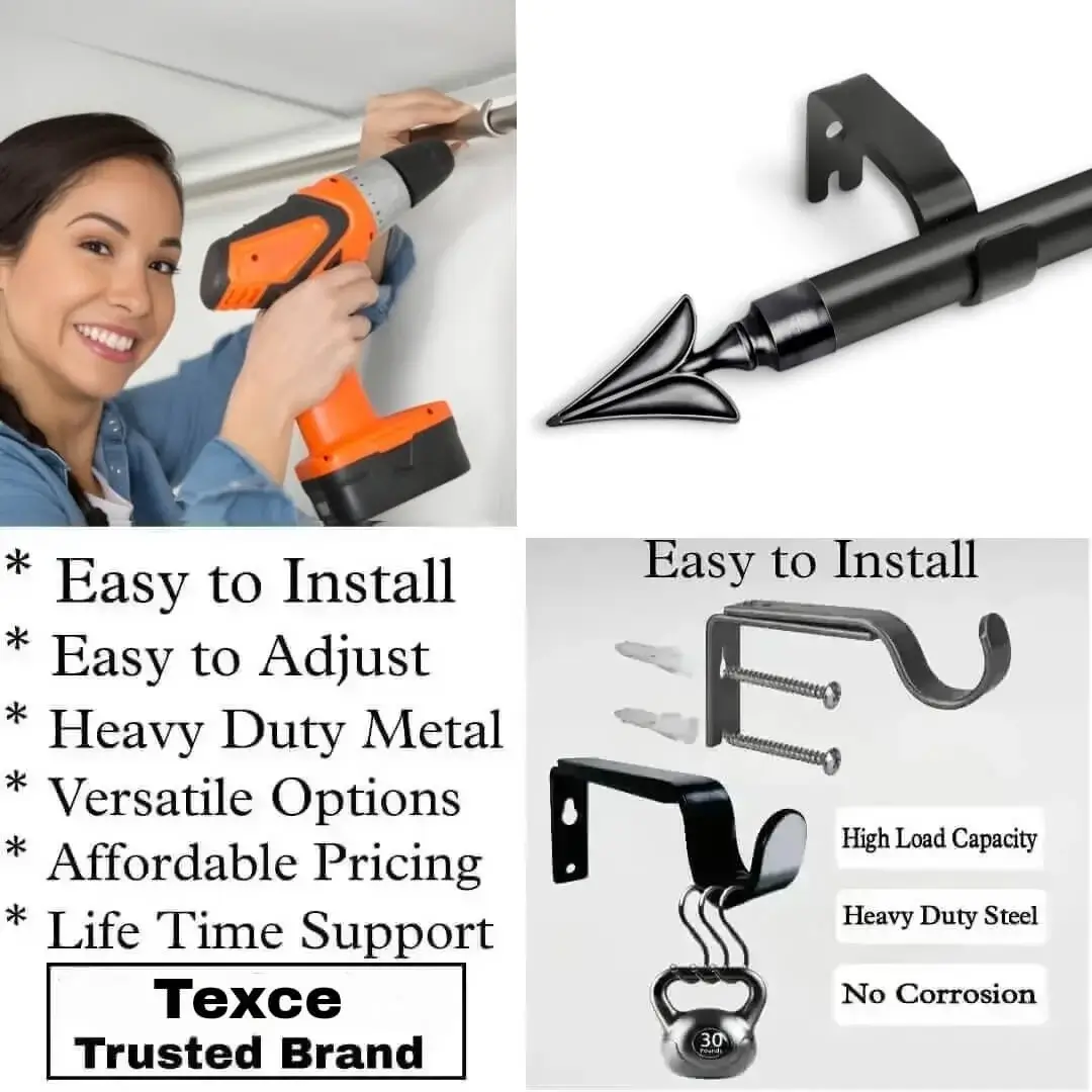 Three-panel showcase: (1) DIY girl installing a curtain rod with a drill, (2) elegant arrow shaped finial rod design, and (3) close-up of heavy-duty steel brackets. Overlay text highlights: ‘Easy to install, corrosion-proof steel, versatile styles, affordable pricing, lifetime support, and Texce—a trusted brand