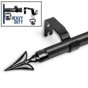 Three-panel product showcase: (1) Main image of a sleek black curtain rod, (2) Close-up of the rod holding 25 lbs weight (no bending), and (3) Black bracket supporting 30 lbs—demonstrating heavy-duty, no-sag construction for long-lasting performance