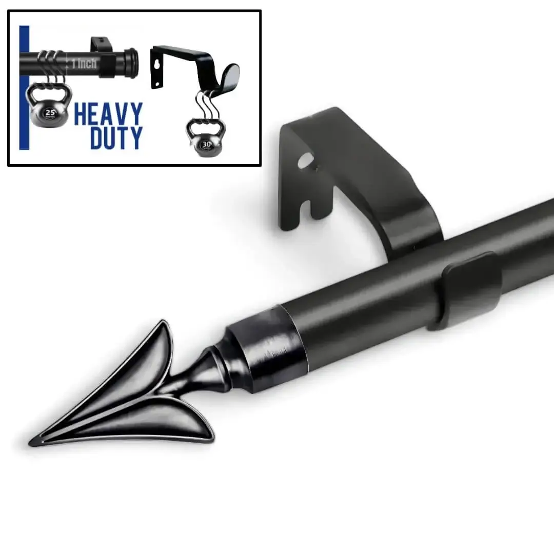 Three-panel product showcase: (1) Main image of a sleek black curtain rod, (2) Close-up of the rod holding 25 lbs weight (no bending), and (3) Black bracket supporting 30 lbs—demonstrating heavy-duty, no-sag construction for long-lasting performance