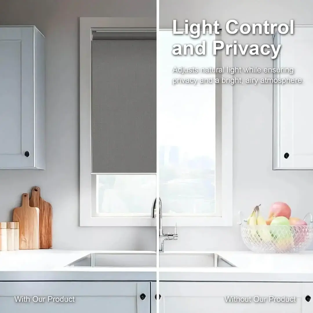 blackout roller blinds for windows, Split-view of blackout roller blinds for windows: Half the window covered (blocks 100% light) vs. uncovered (sunlight streams in), demonstrating perfect light control