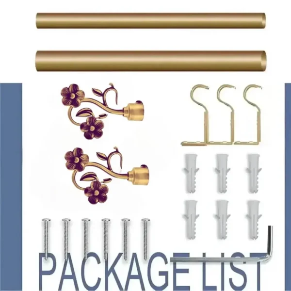 Complete gold curtain rod set displayed with package contents: 2 decorative finials, 3 heavy-duty brackets, 2 adjustable rods, wall anchors, and screws. Text overlay highlights 'Package List'—everything needed for professional installation