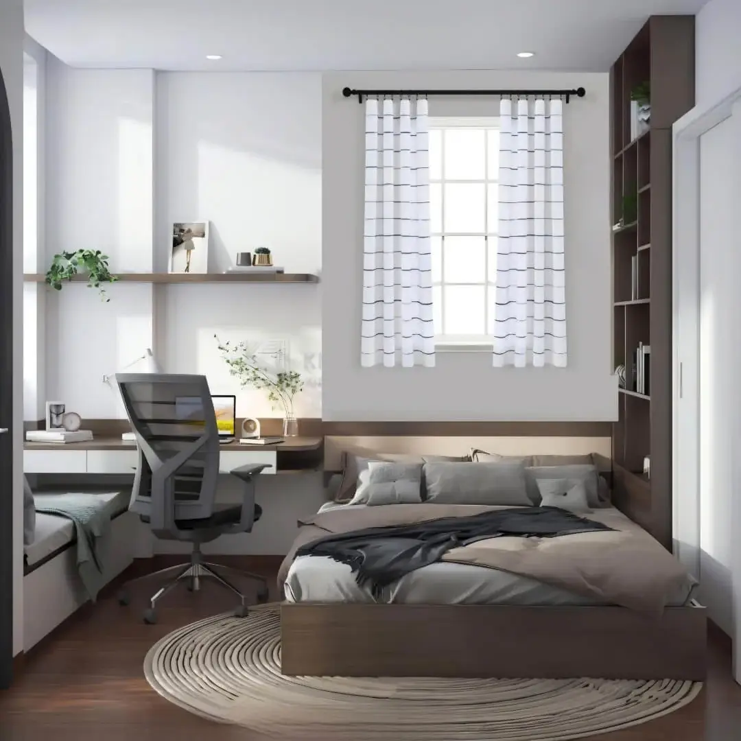Elegant checks curtain gracefully hanging from a sleek black curtain rod installed on a small window in a bedroom, creating an airy and sophisticated look
