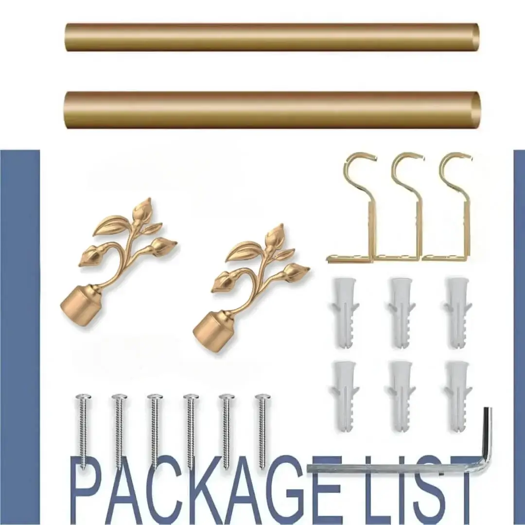 Complete gold curtain rod set displayed with package contents: 2 decorative finials, 3 heavy-duty brackets, 2 adjustable rods, wall anchors, and screws. Text overlay highlights 'Package List'—everything needed for professional installation