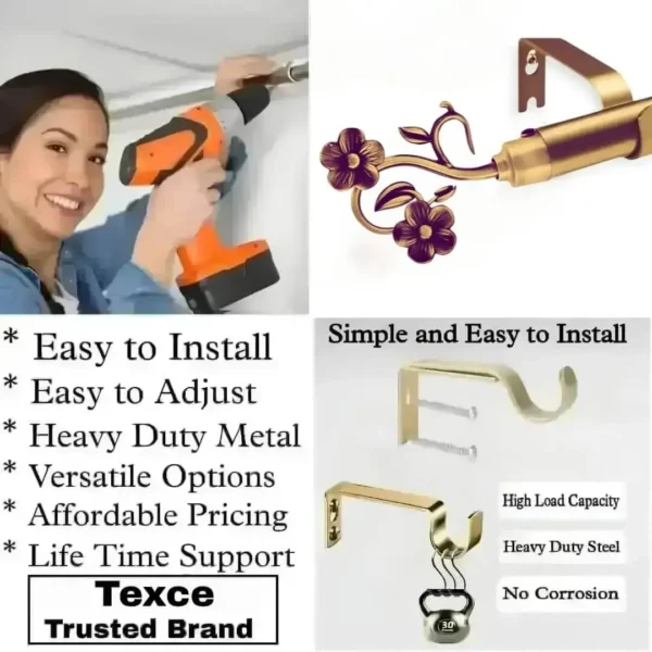 Three-panel showcase: (1) DIY girl installing a curtain rod with a drill, (2) elegant flower-shaped finial rod design, and (3) close-up of heavy-duty steel brackets. Overlay text highlights: ‘Easy to install, corrosion-proof steel, versatile styles, affordable pricing, lifetime support, and Texce—a trusted brand