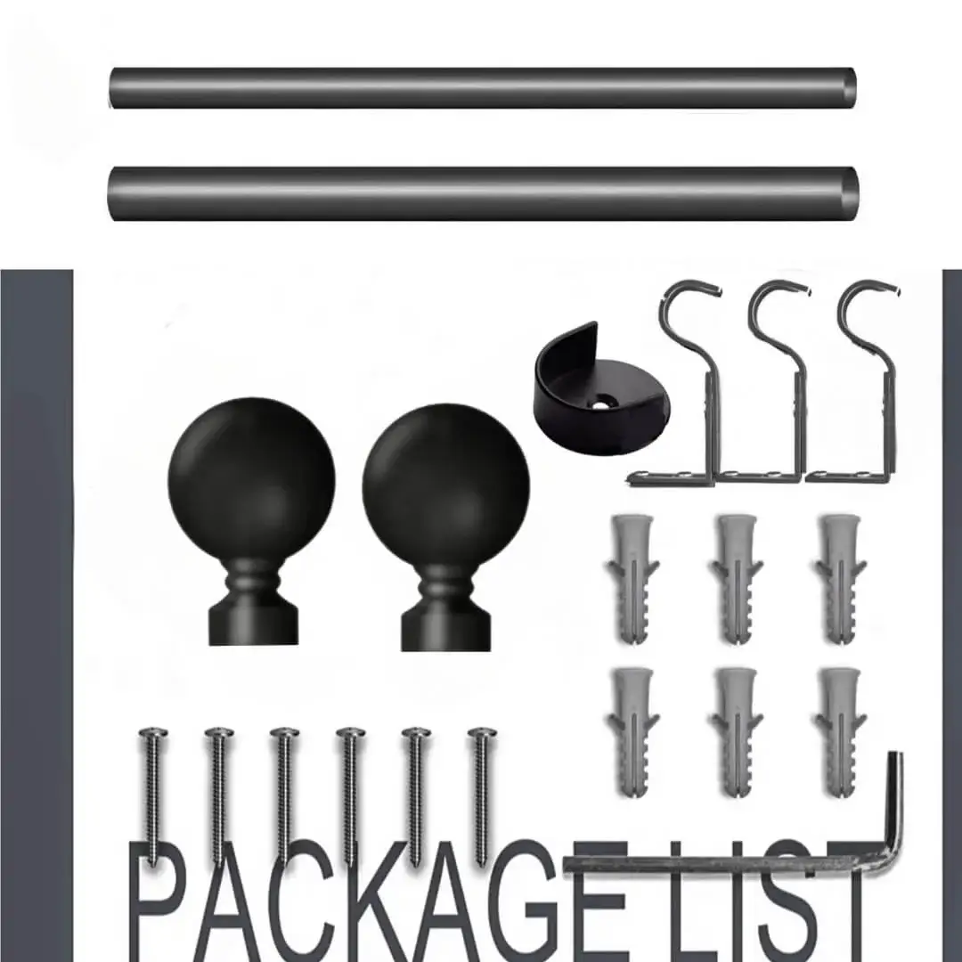 curtain rod and accessory, Complete curtain rods kit displayed with package contents: 2 decorative ball finials, 3 heavy-duty brackets, 2 adjustable rods, wall anchors, and screws. Text overlay highlights 'Package List'—everything needed for professional installation